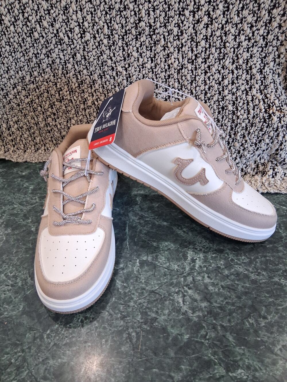 True Religion Allison Sneakers Tan White Sparkle Bling Laces Womens Size 8 New